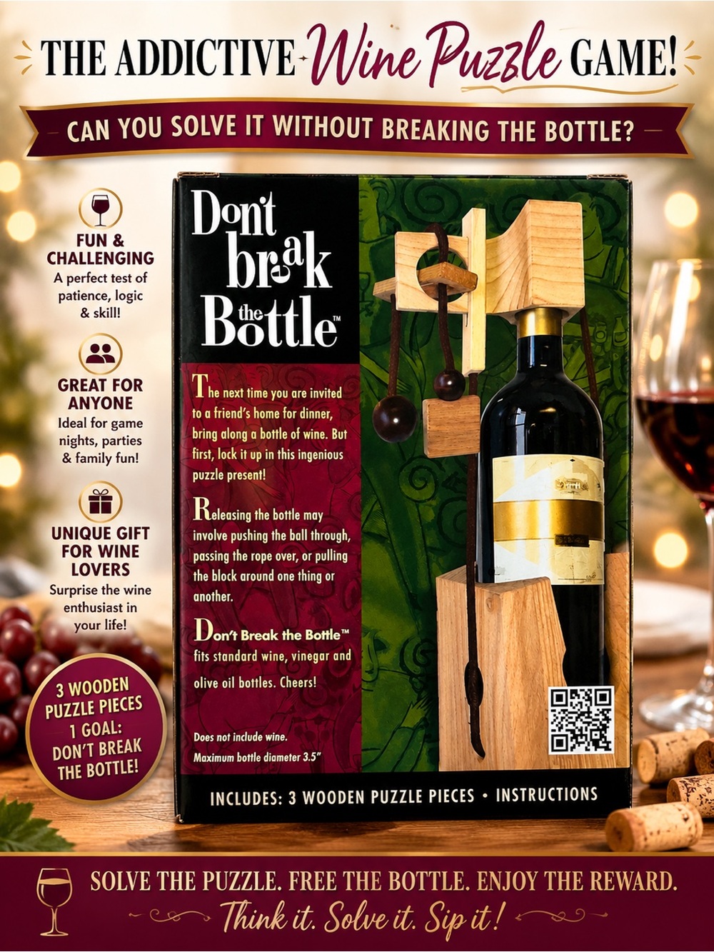 DON’T BREAK THE BOTTLE Wooden Wine Bottle Puzzle Game